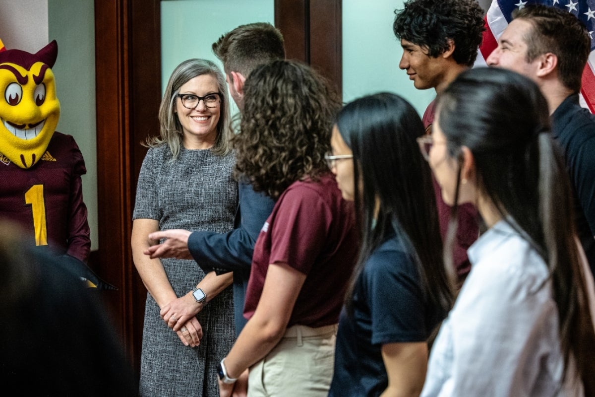 AZ Gov. Katie Hobbs speaks with ASU students at the state Capitol