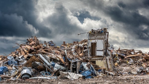 View of debris and damage caused by a hurricane.