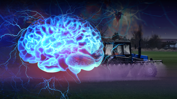Image of a human brain and a tractor.