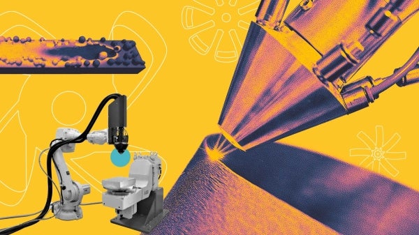 A illustration of a robotic 3D printer on a yellow background.