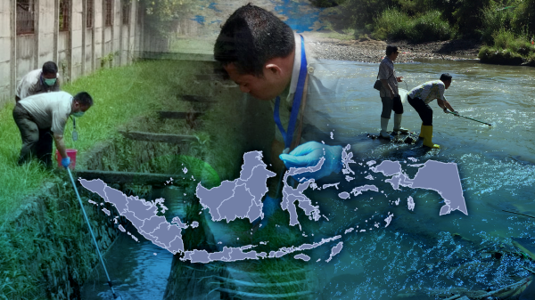 A collage of images including map illustrations and people working in fields and in a river