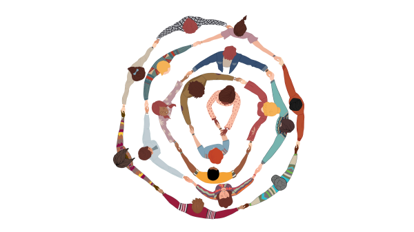 Illustration of people coming into a circle that forms a spiral