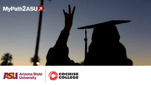 Silhouette of grad making the forks up sign against a setting-sun sky.